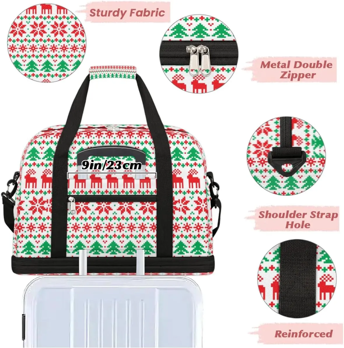 Deer Tree Pattern Sports Gym Bag with Shoes Compartment Foldable Travel Duffel Bag Dry Wet Separated Sports Tote Workout Weekender Overnight Bag for Women Yoga Dance Work Training Handbag