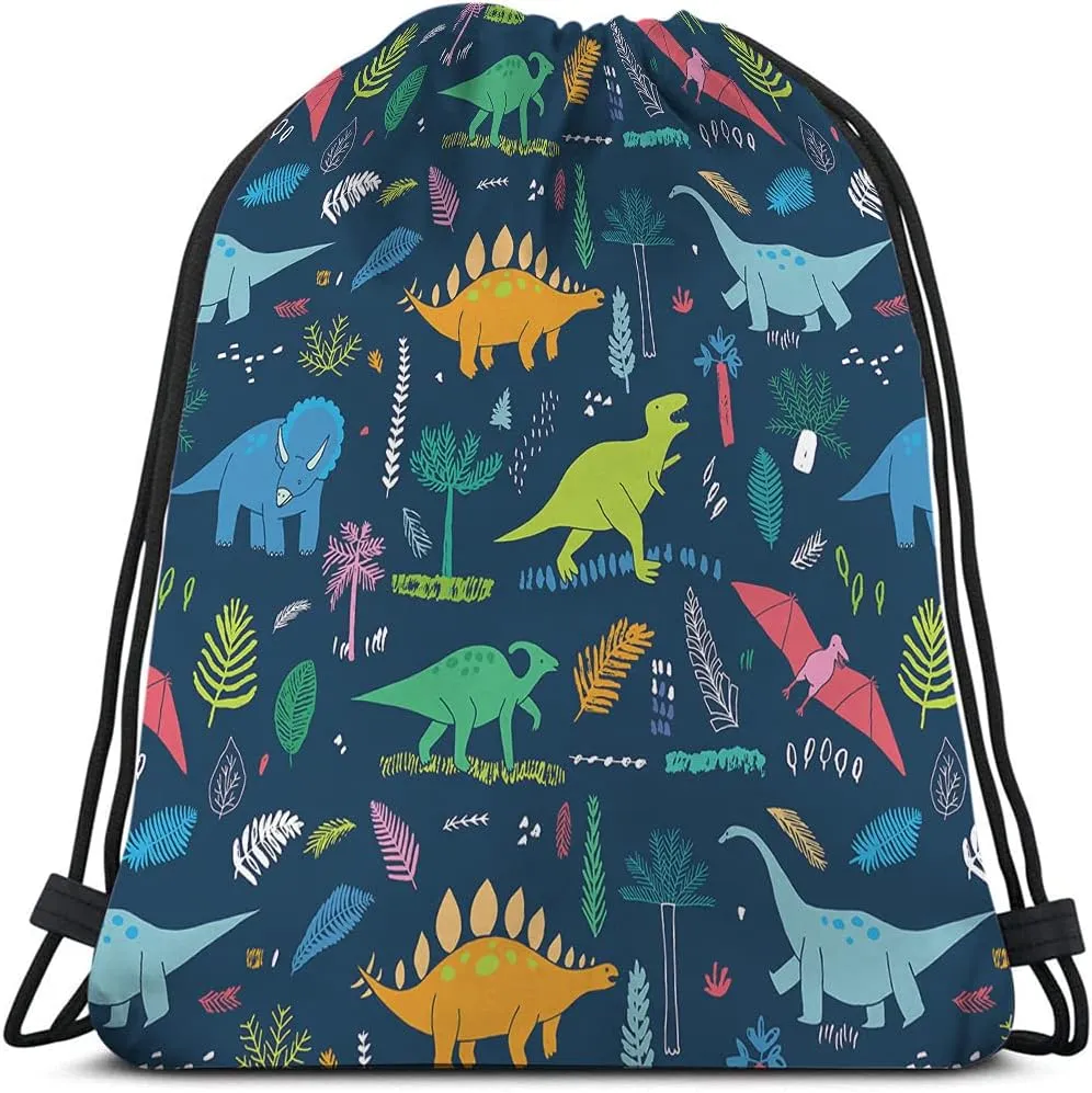 Dinosaur Drawstring Backpack Bag - Cute Cartoon Animal Funny Cool Colorful Dino Tropical Palm Leaf Sport Gym Sack Drawstring Bag for Men Women