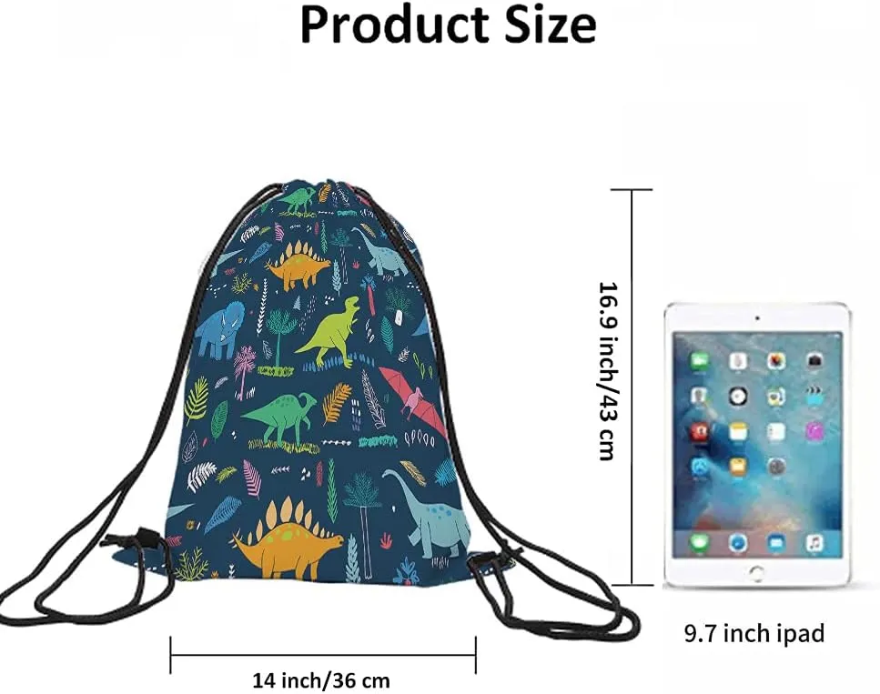 Dinosaur Drawstring Backpack Bag - Cute Cartoon Animal Funny Cool Colorful Dino Tropical Palm Leaf Sport Gym Sack Drawstring Bag for Men Women