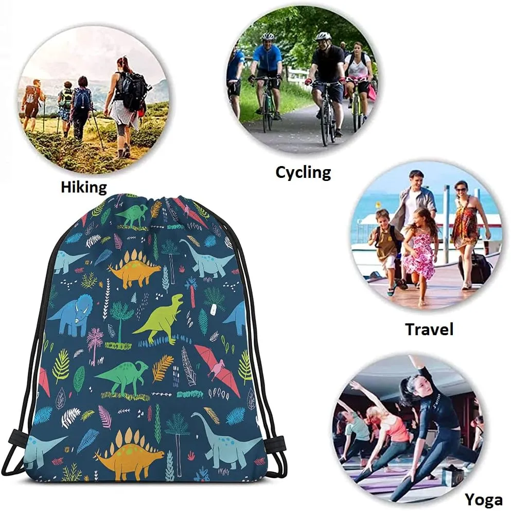 Dinosaur Drawstring Backpack Bag - Cute Cartoon Animal Funny Cool Colorful Dino Tropical Palm Leaf Sport Gym Sack Drawstring Bag for Men Women