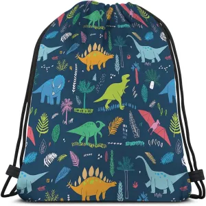Dinosaur Drawstring Backpack Bag - Cute Cartoon Animal Funny Cool Colorful Dino Tropical Palm Leaf Sport Gym Sack Drawstring Bag for Men Women
