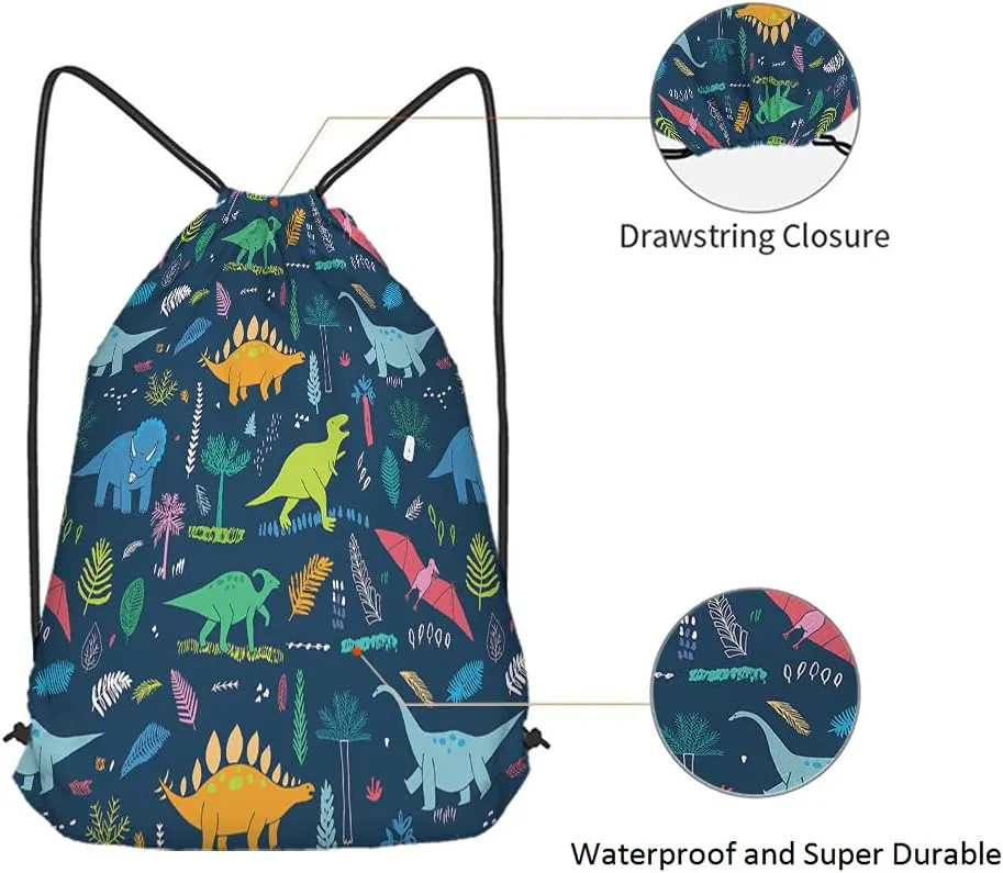 Dinosaur Drawstring Backpack Bag - Cute Cartoon Animal Funny Cool Colorful Dino Tropical Palm Leaf Sport Gym Sack Drawstring Bag for Men Women