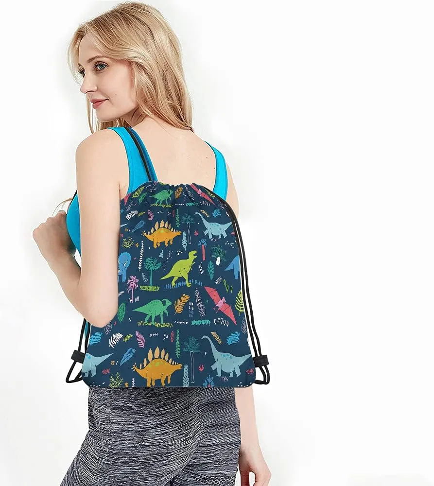Dinosaur Drawstring Backpack Bag - Cute Cartoon Animal Funny Cool Colorful Dino Tropical Palm Leaf Sport Gym Sack Drawstring Bag for Men Women
