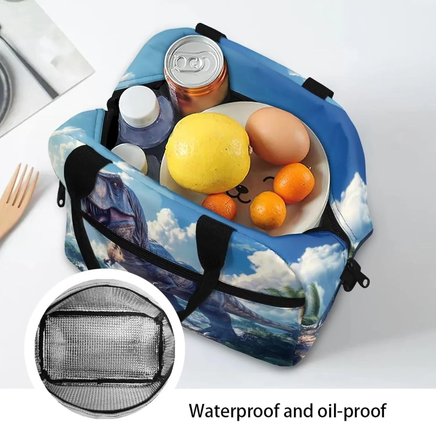 Dinosaur Insulated Lunch Box Blue Lunchbag for School Cool Animal Lunchbox Pouch with Detachable Shoulder Strap Reuable Bento Bags Ideal Gifts for Boys