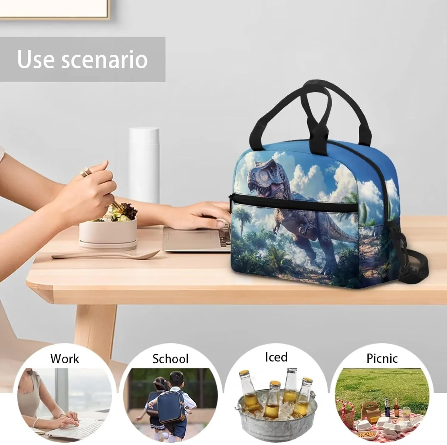 Dinosaur Insulated Lunch Box Blue Lunchbag for School Cool Animal Lunchbox Pouch with Detachable Shoulder Strap Reuable Bento Bags Ideal Gifts for Boys
