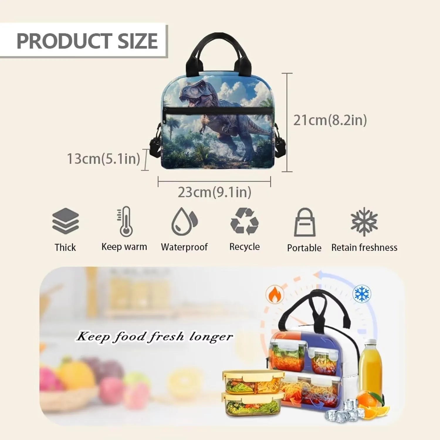 Dinosaur Insulated Lunch Box Blue Lunchbag for School Cool Animal Lunchbox Pouch with Detachable Shoulder Strap Reuable Bento Bags Ideal Gifts for Boys