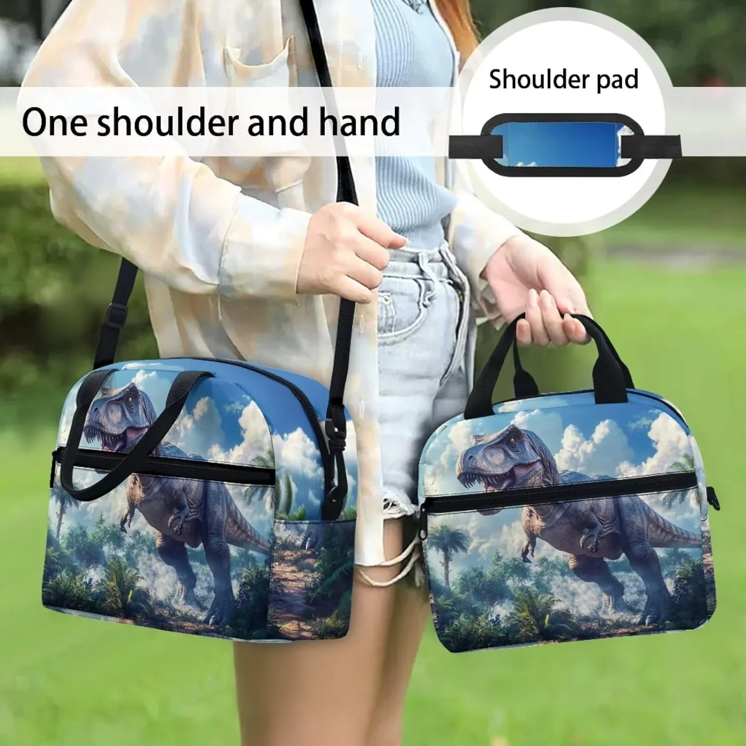 Dinosaur Insulated Lunch Box Blue Lunchbag for School Cool Animal Lunchbox Pouch with Detachable Shoulder Strap Reuable Bento Bags Ideal Gifts for Boys