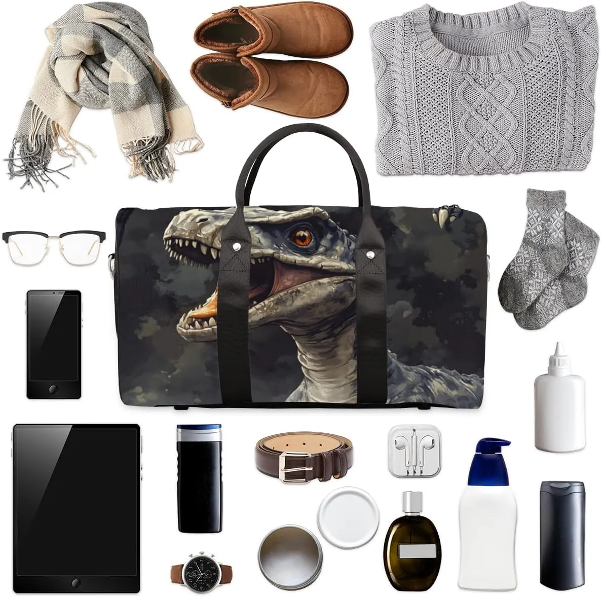 Dinosaur Theme Travel Duffle Bag for Women Men Gym Duffel Foldable Bag Waterproof Weekender Jungle Animals Duffle Tote