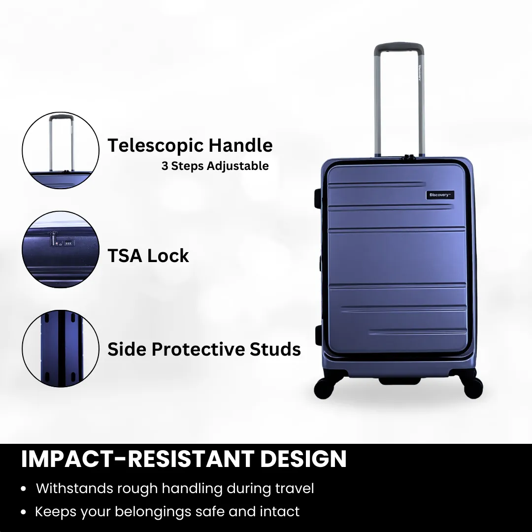 Discovery Patrol Hardside 20" Carry-On Small Cabin Business Travel Suitcase/ Front Open Laptop Compartment, 100% PC Lightweight Hard Shell Luggage, 4 Double Wheel, TSA Lock Trolley Bag Metallic Blue.