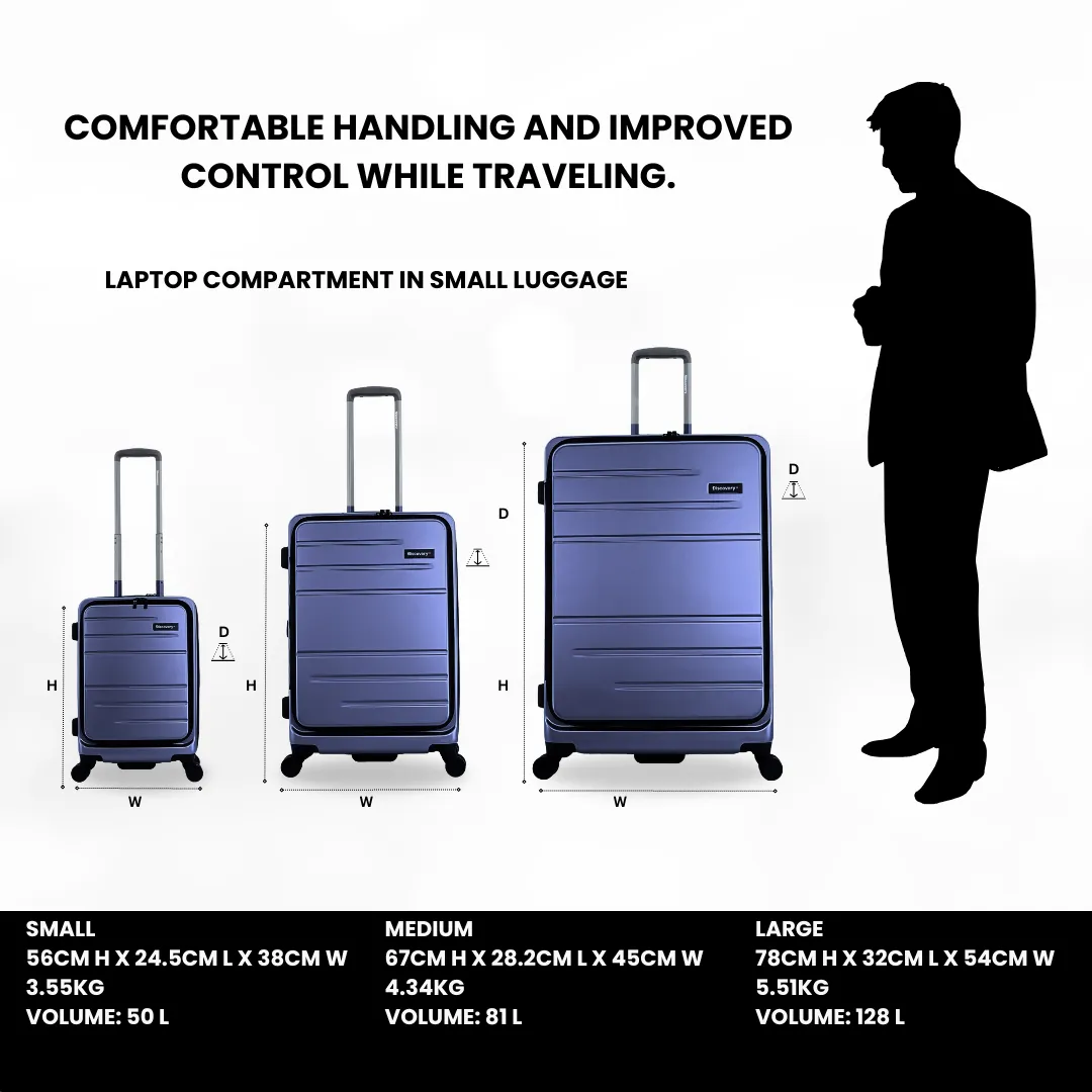 Discovery Patrol Hardside 20" Carry-On Small Cabin Business Travel Suitcase/ Front Open Laptop Compartment, 100% PC Lightweight Hard Shell Luggage, 4 Double Wheel, TSA Lock Trolley Bag Metallic Blue.