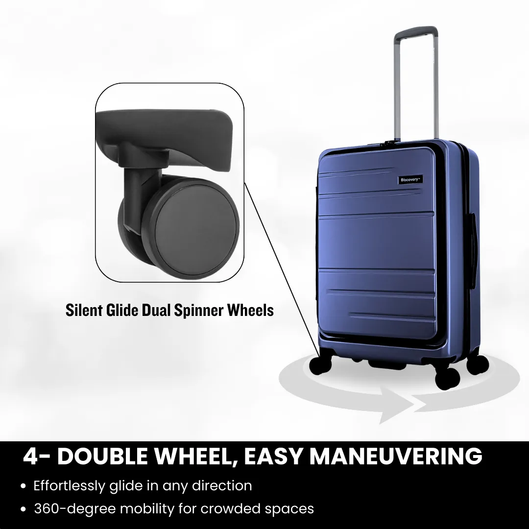 Discovery Patrol Hardside 20" Carry-On Small Cabin Business Travel Suitcase/ Front Open Laptop Compartment, 100% PC Lightweight Hard Shell Luggage, 4 Double Wheel, TSA Lock Trolley Bag Metallic Blue.