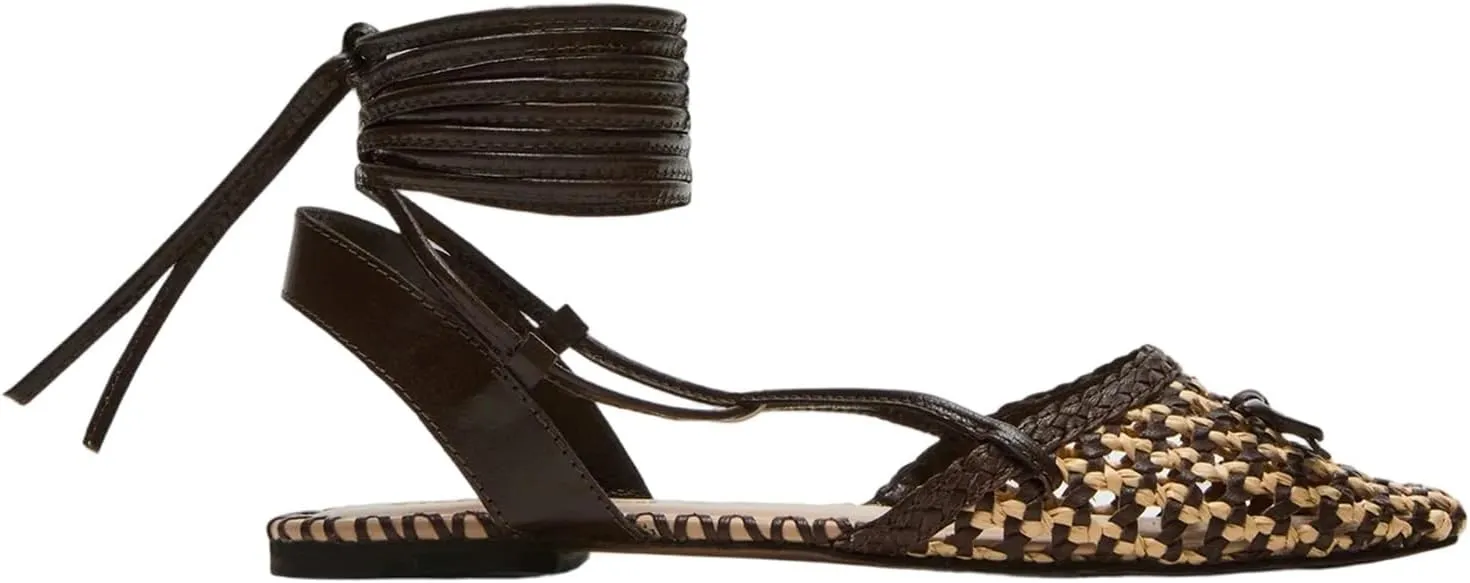 DOEYG Woven Mary Jane Ballet Flats for Women Bow Raffia Lace up Ankle Cross Strap Flat Heel Dressy Comfortable Casual Ballerina Shoes