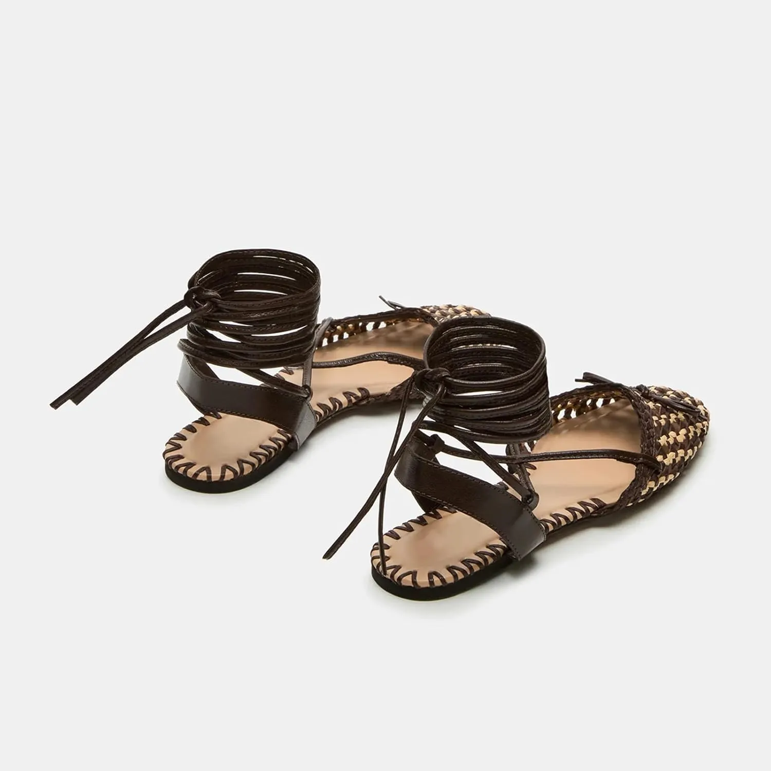 DOEYG Woven Mary Jane Ballet Flats for Women Bow Raffia Lace up Ankle Cross Strap Flat Heel Dressy Comfortable Casual Ballerina Shoes