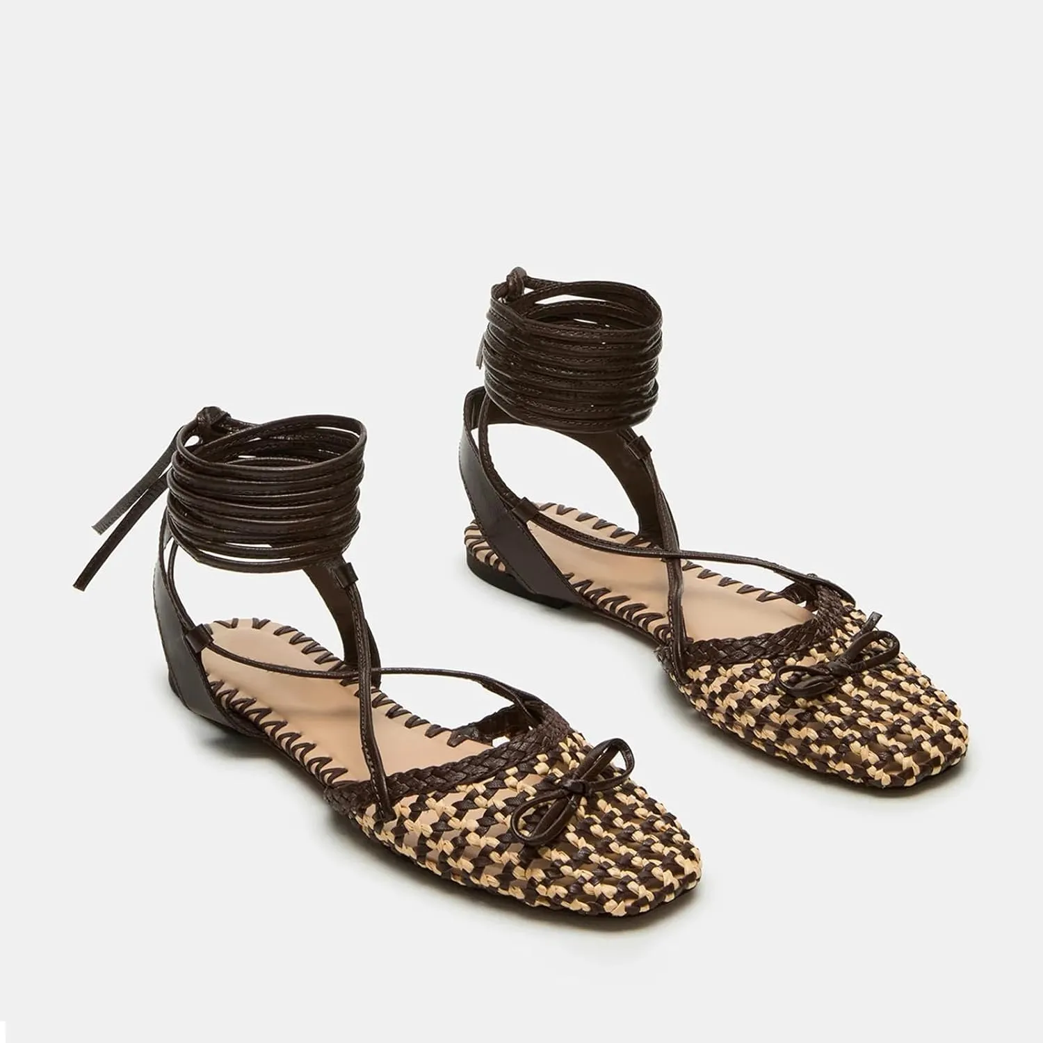 DOEYG Woven Mary Jane Ballet Flats for Women Bow Raffia Lace up Ankle Cross Strap Flat Heel Dressy Comfortable Casual Ballerina Shoes