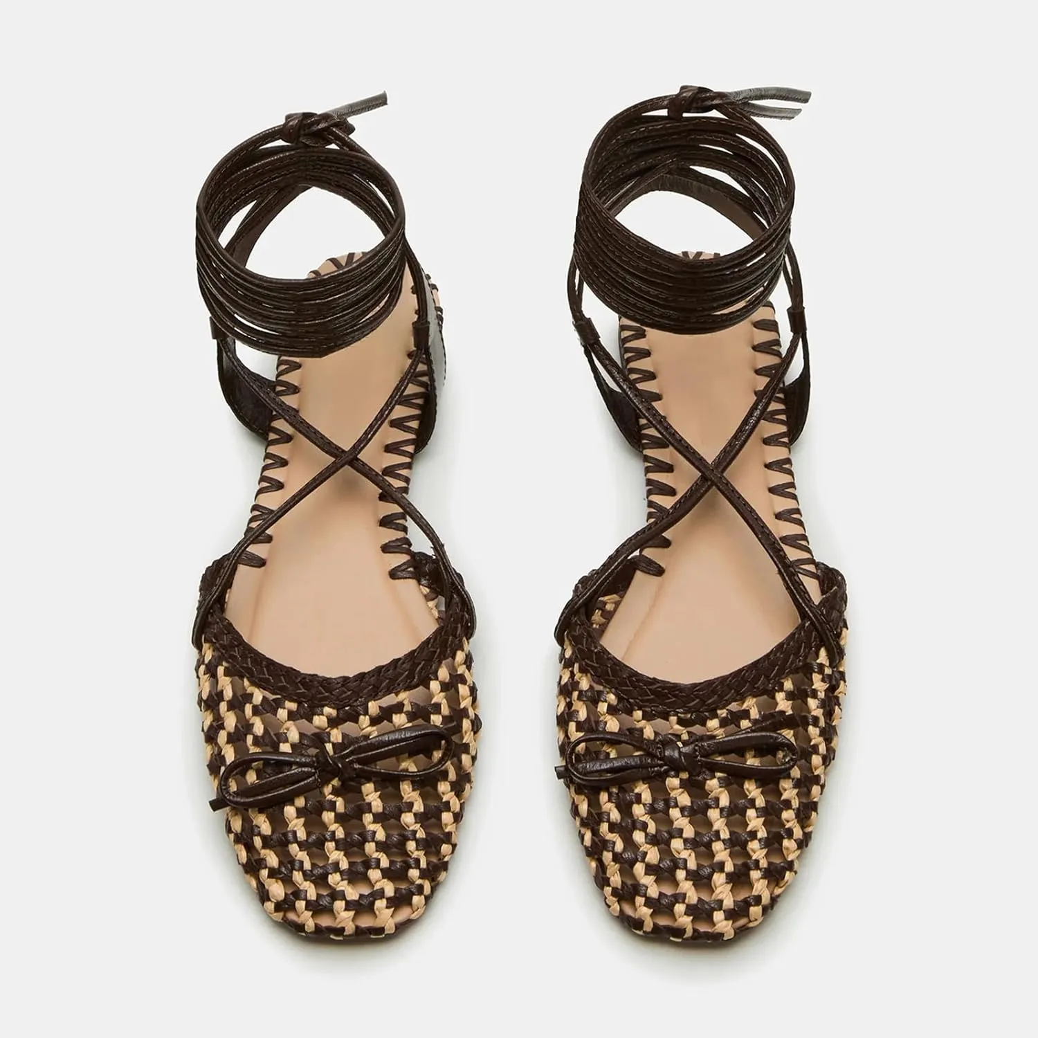 DOEYG Woven Mary Jane Ballet Flats for Women Bow Raffia Lace up Ankle Cross Strap Flat Heel Dressy Comfortable Casual Ballerina Shoes