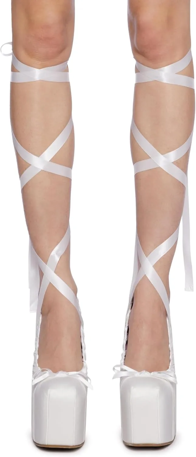 Dolls Kill Sweet Sonata Ballet Wrap Heels by Sugar Thrillz – Satin Platform Heels with Lace-Up Ribbons & Bow