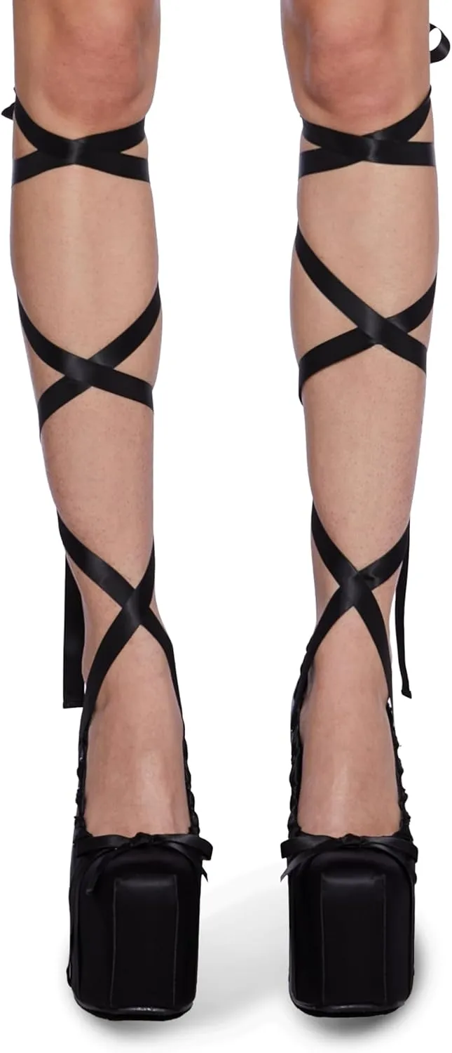Dolls Kill Sweet Sonata Ballet Wrap Heels by Sugar Thrillz – Satin Platform Heels with Lace-Up Ribbons & Bow
