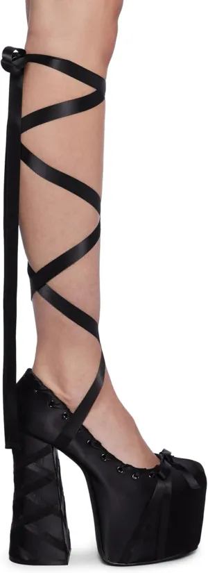 Dolls Kill Sweet Sonata Ballet Wrap Heels by Sugar Thrillz – Satin Platform Heels with Lace-Up Ribbons & Bow