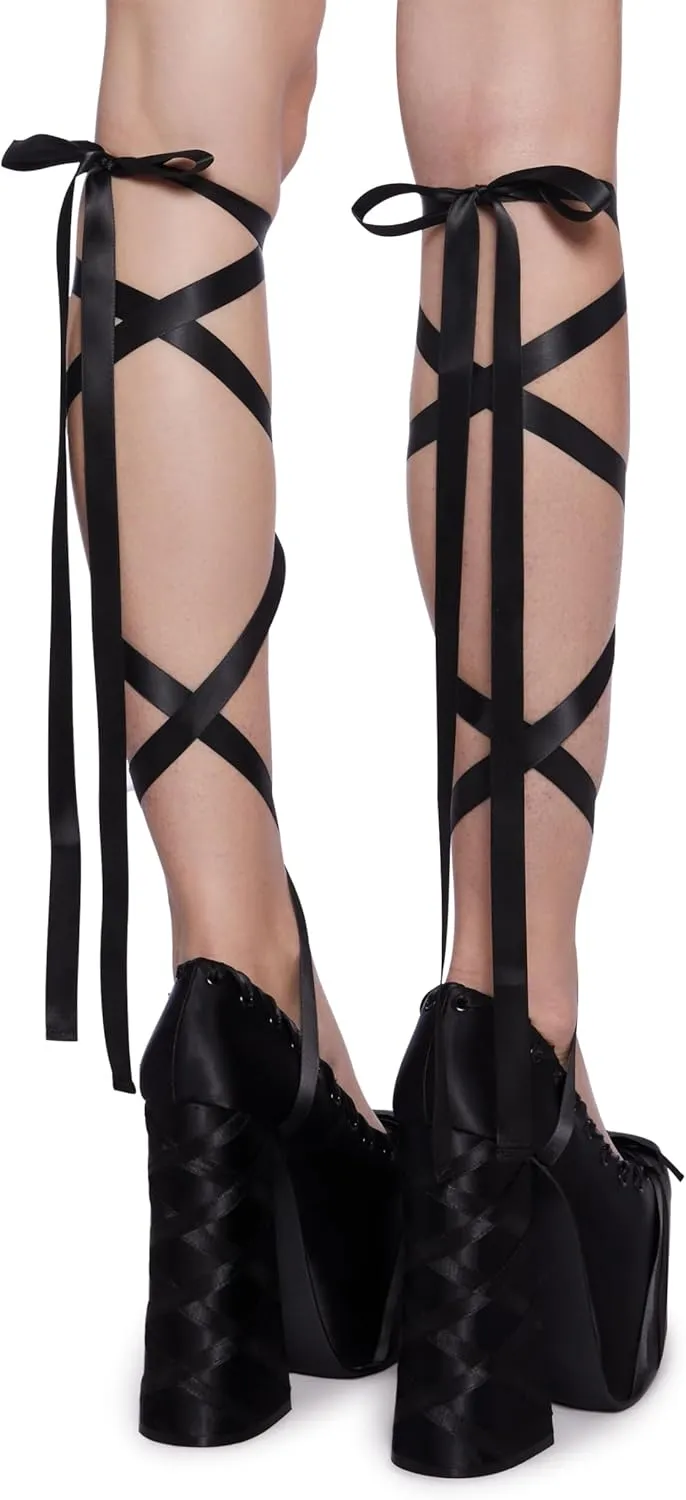 Dolls Kill Sweet Sonata Ballet Wrap Heels by Sugar Thrillz – Satin Platform Heels with Lace-Up Ribbons & Bow