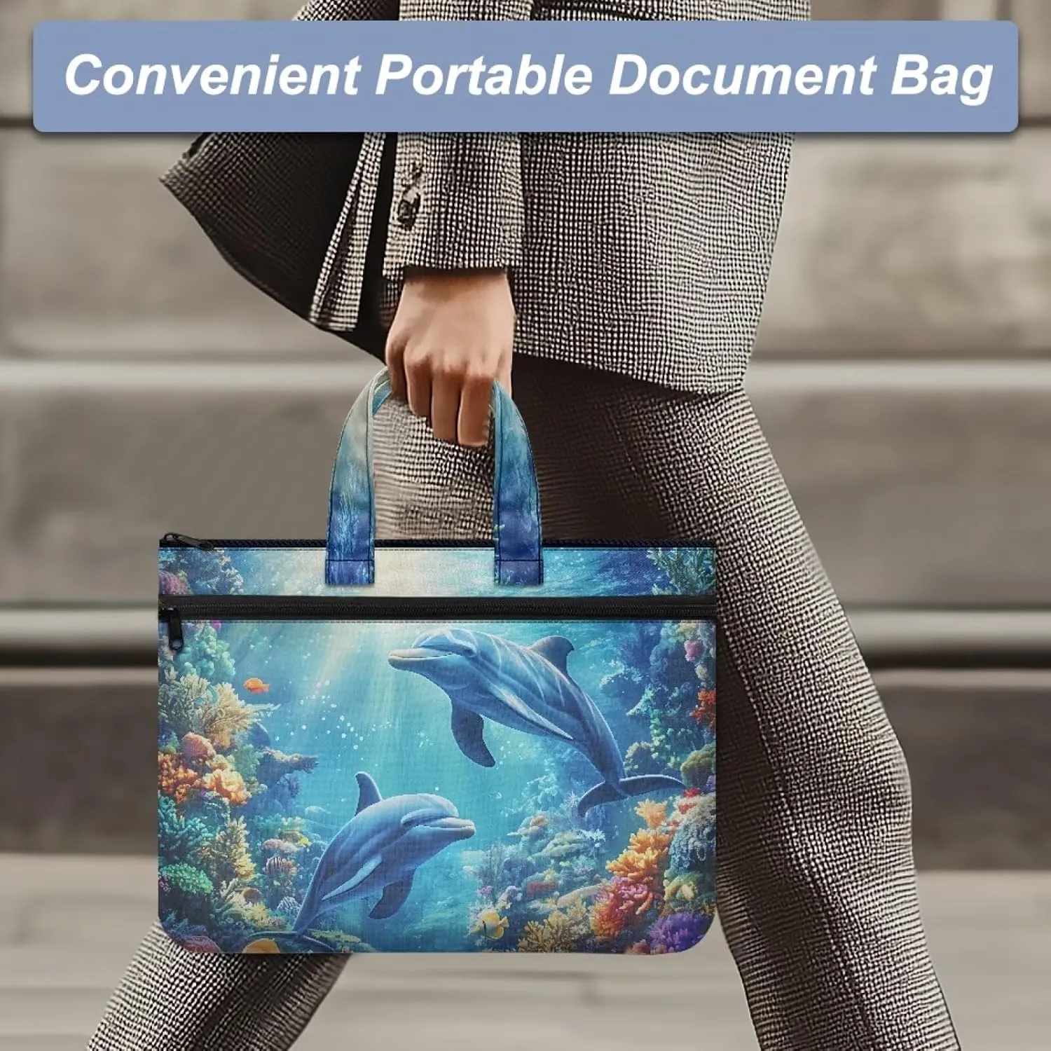 Dolphin Document Portable Portfolio Tote Bag 14.65×10.83 Inch Handbag Canvas Bag Large Zippered with Handle Accommodate A4 Paper Laptop Suitable for Office Use.