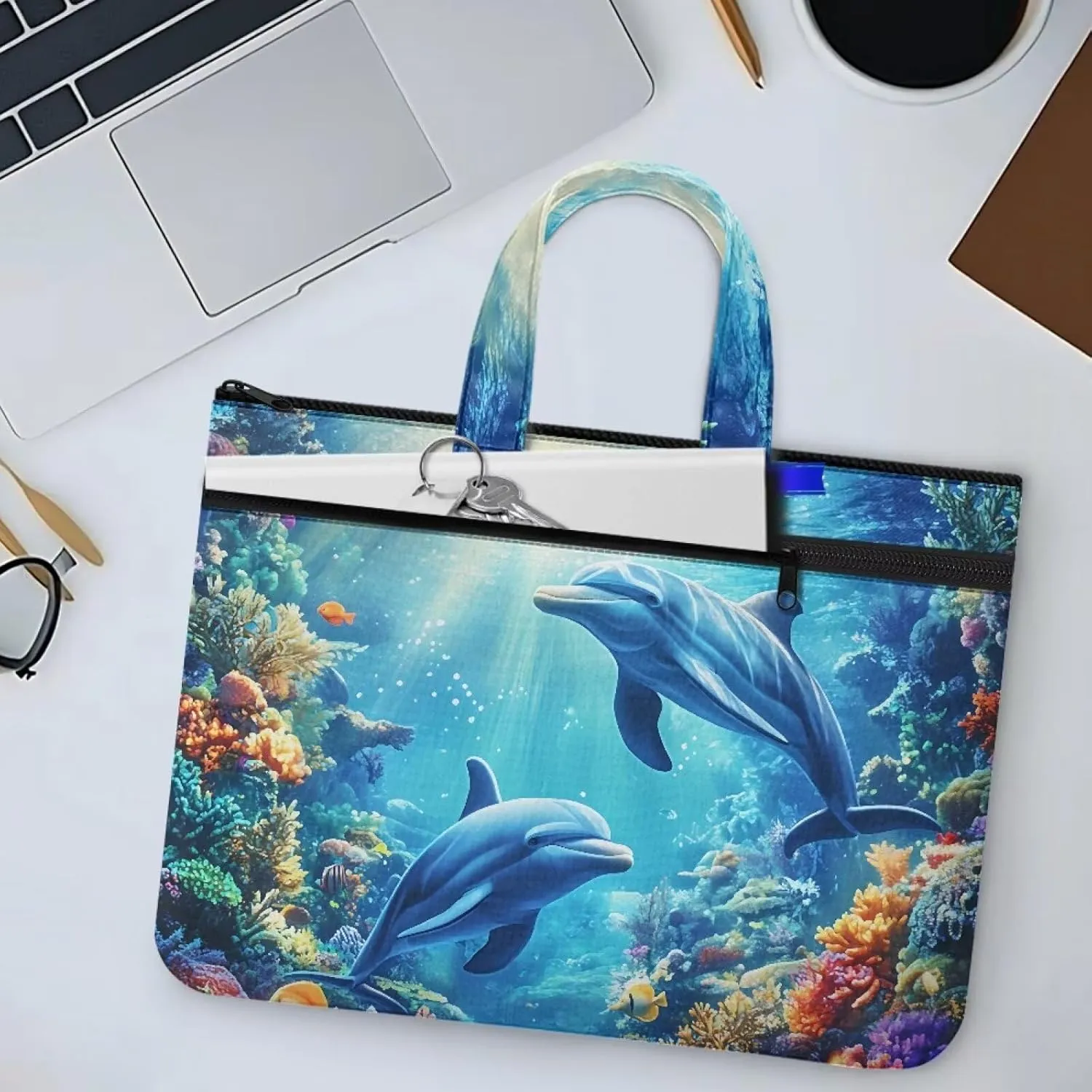 Dolphin Document Portable Portfolio Tote Bag 14.65×10.83 Inch Handbag Canvas Bag Large Zippered with Handle Accommodate A4 Paper Laptop Suitable for Office Use.