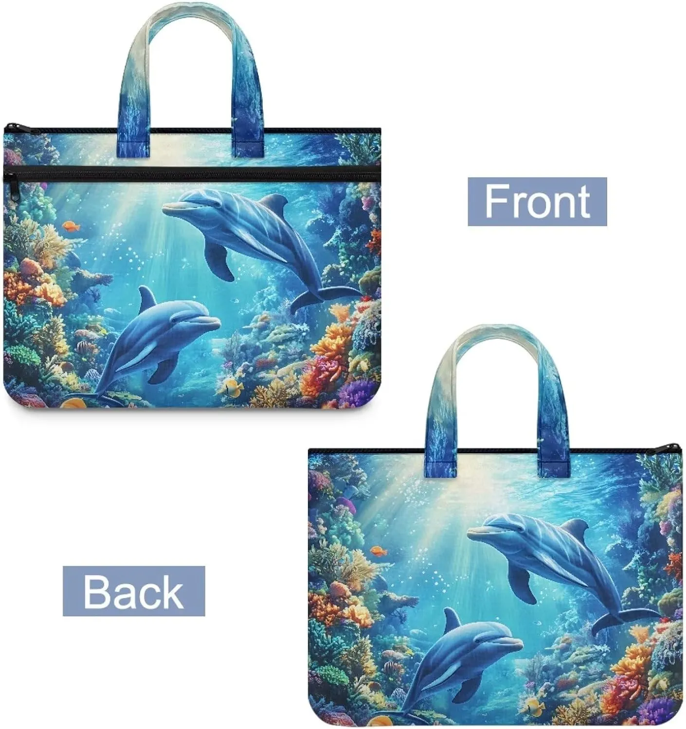 Dolphin Document Portable Portfolio Tote Bag 14.65×10.83 Inch Handbag Canvas Bag Large Zippered with Handle Accommodate A4 Paper Laptop Suitable for Office Use.
