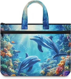 Dolphin Document Portable Portfolio Tote Bag 14.65×10.83 Inch Handbag Canvas Bag Large Zippered with Handle Accommodate A4 Paper Laptop Suitable for Office Use.