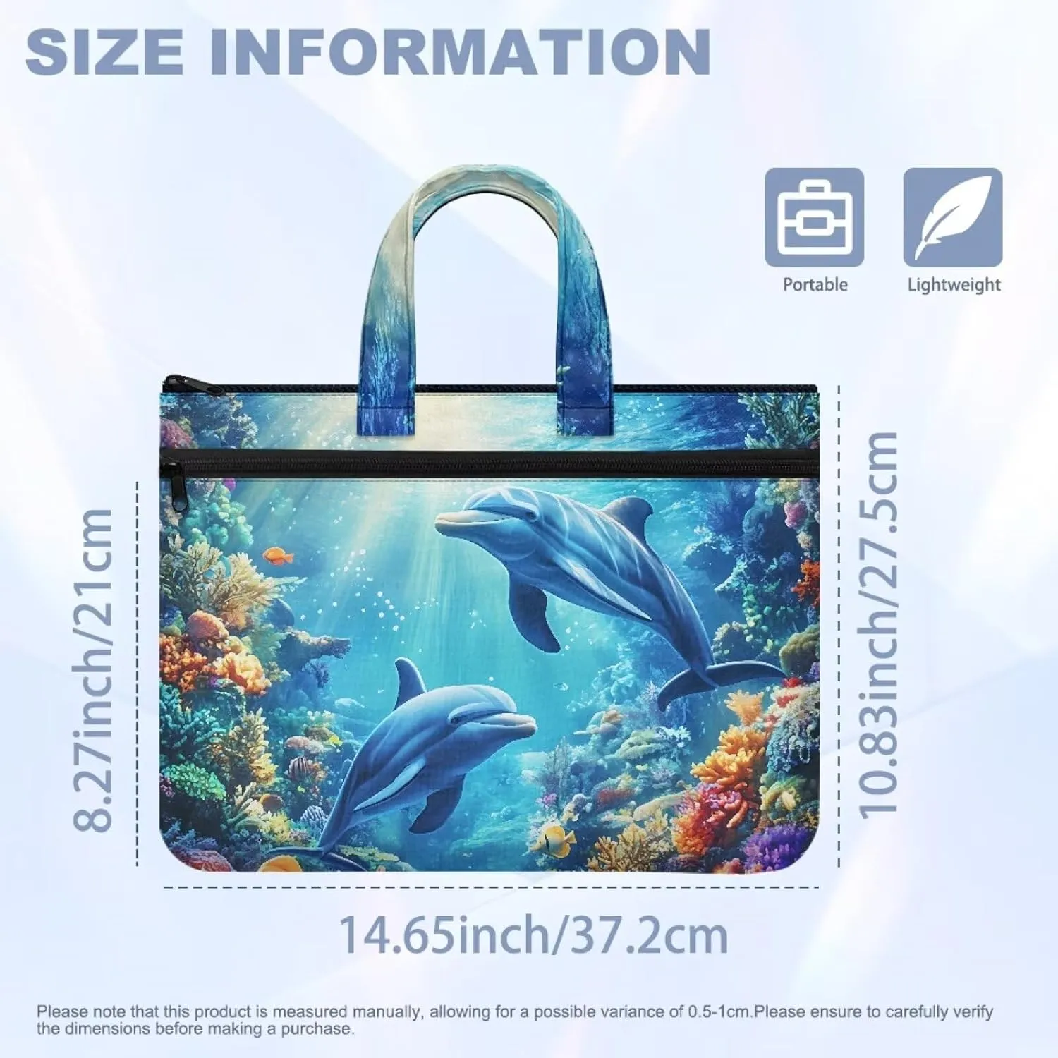 Dolphin Document Portable Portfolio Tote Bag 14.65×10.83 Inch Handbag Canvas Bag Large Zippered with Handle Accommodate A4 Paper Laptop Suitable for Office Use.
