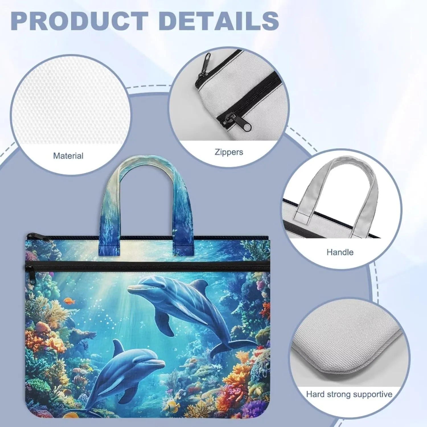 Dolphin Document Portable Portfolio Tote Bag 14.65×10.83 Inch Handbag Canvas Bag Large Zippered with Handle Accommodate A4 Paper Laptop Suitable for Office Use.