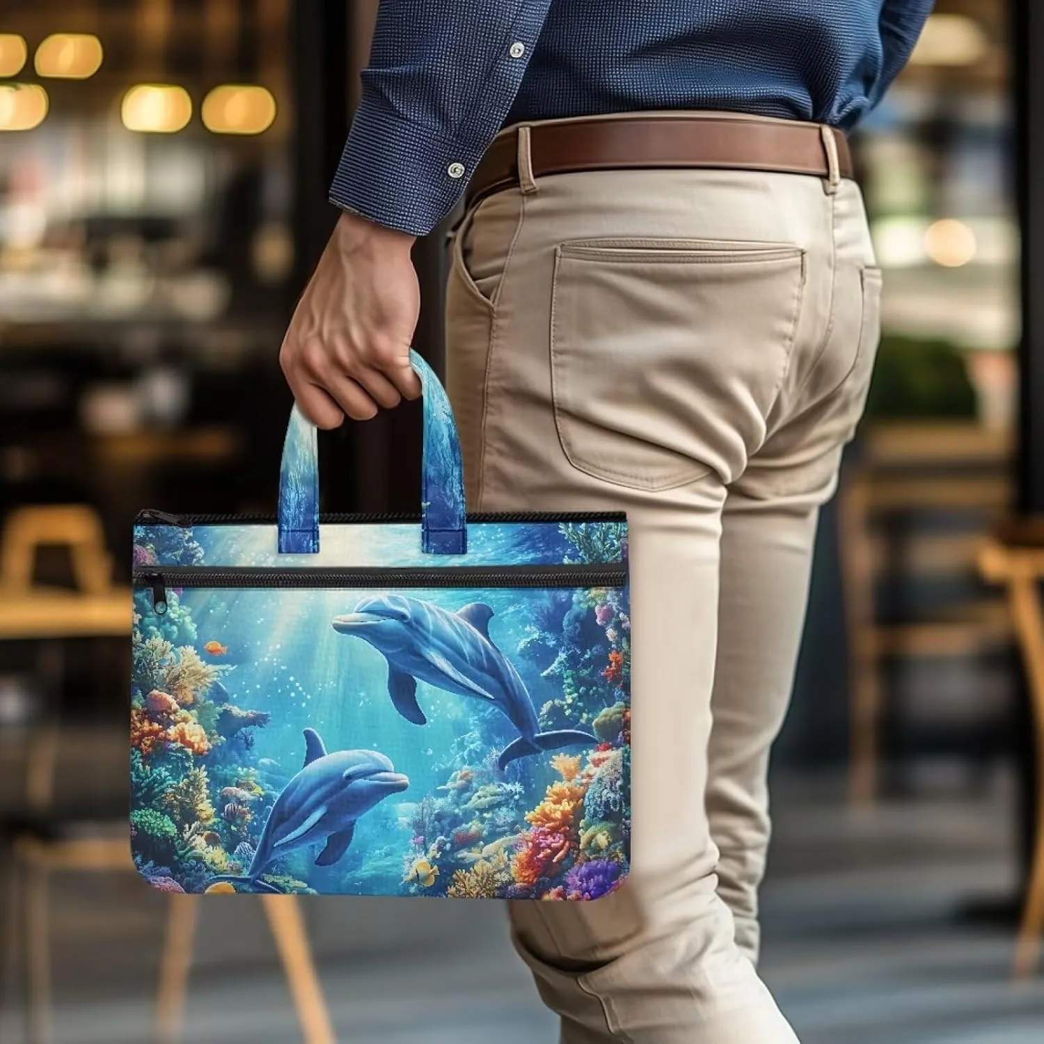 Dolphin Document Portable Portfolio Tote Bag 14.65×10.83 Inch Handbag Canvas Bag Large Zippered with Handle Accommodate A4 Paper Laptop Suitable for Office Use.