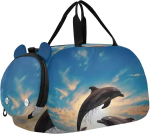 Dolphin in The Ocean Duffle Bag for Girl, Sports Duffle Gym Bags with Shoe Compartment, Personalized Overnight Bag Travel Weekender for Kids