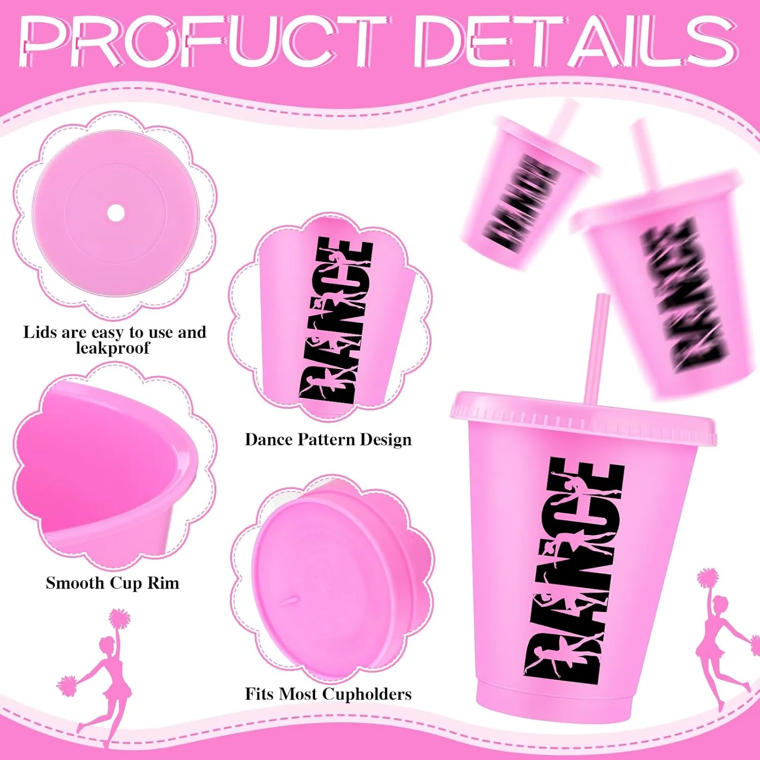 Domensi 20 Pcs Cheer Cups Gifts Bulk Ballet Dance Party Favors Cups Bulk 16oz Reusable Plastic Tumbler with Lid and Straw for Ballet Birthday Cheerleader Team Gifts(Ballet Dance)