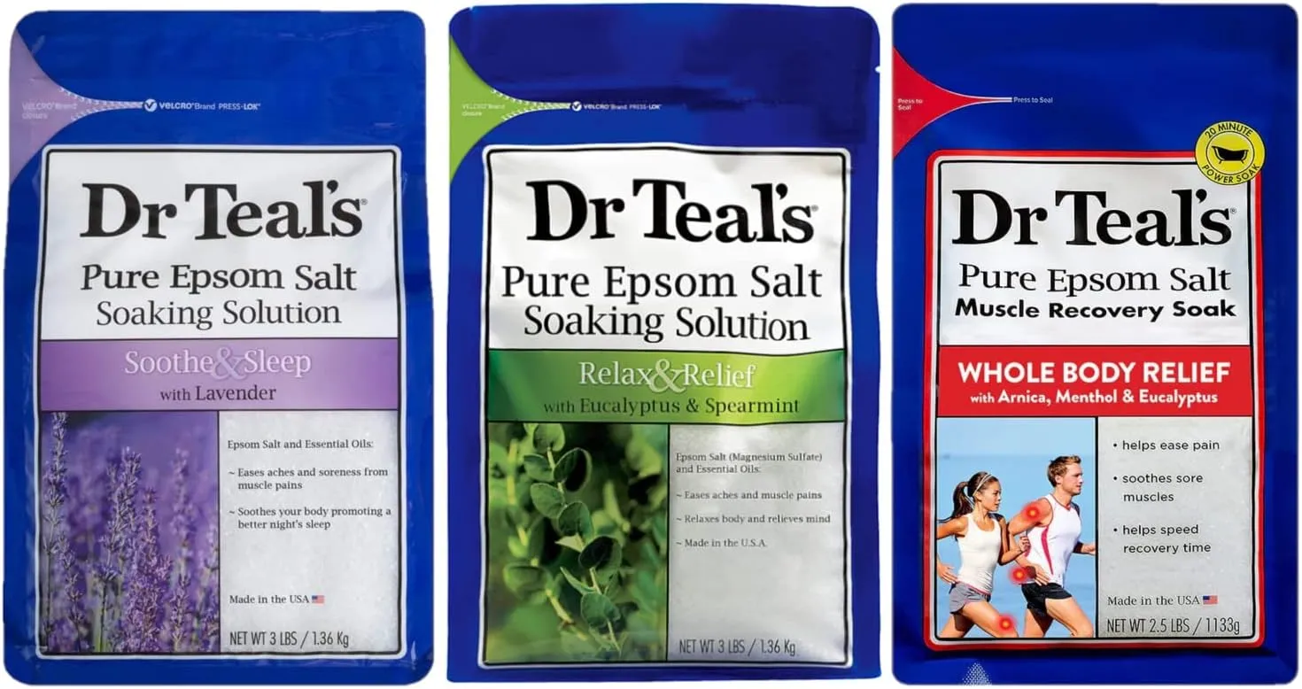 Dr Teals Epsom Salt Soak Combo (8.5 lbs Total) - Soothe & Sleep with Lavender, Relax & Relief with Eucalyptus & Spearmint, and Muscle Recovery with Arnica & Menthol - Treat Skin & Relieve Sore Muscles