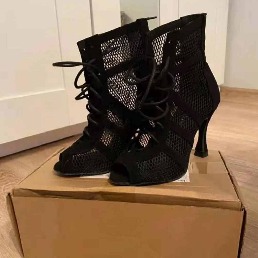 Dressfirst Womens Open Toe Hollow Out Latin Dance Boots Satin Salsa Tango Performance Practice Ballroom Lace-up Ankle Dance Shoes for Jazz Ballet