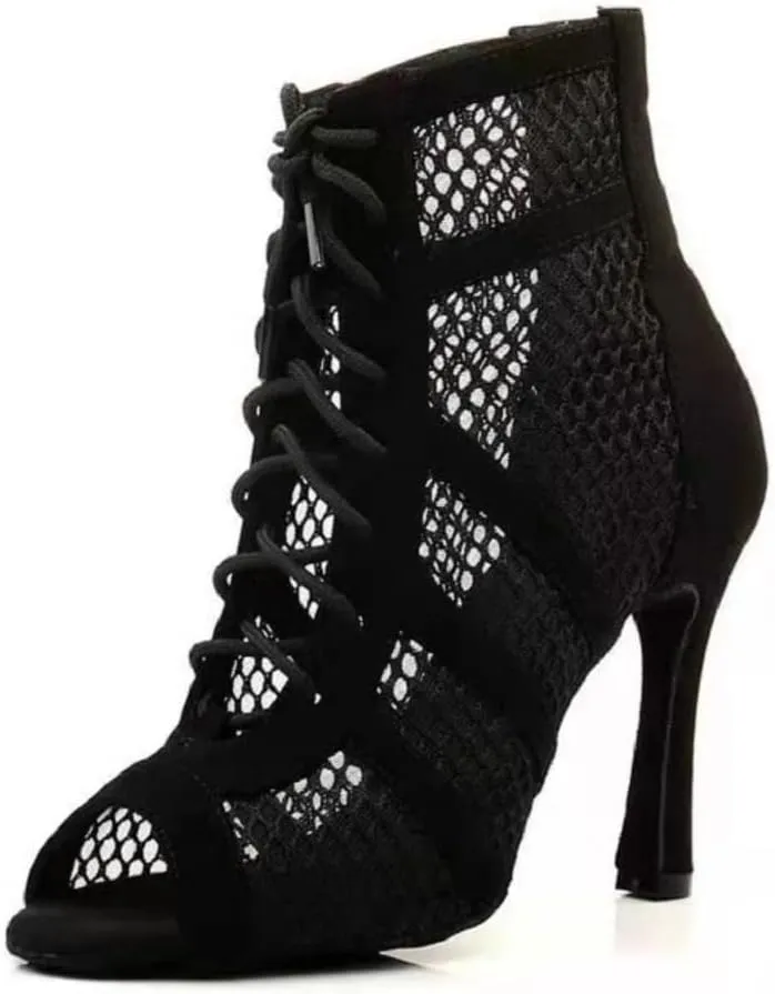 Dressfirst Womens Open Toe Hollow Out Latin Dance Boots Satin Salsa Tango Performance Practice Ballroom Lace-up Ankle Dance Shoes for Jazz Ballet