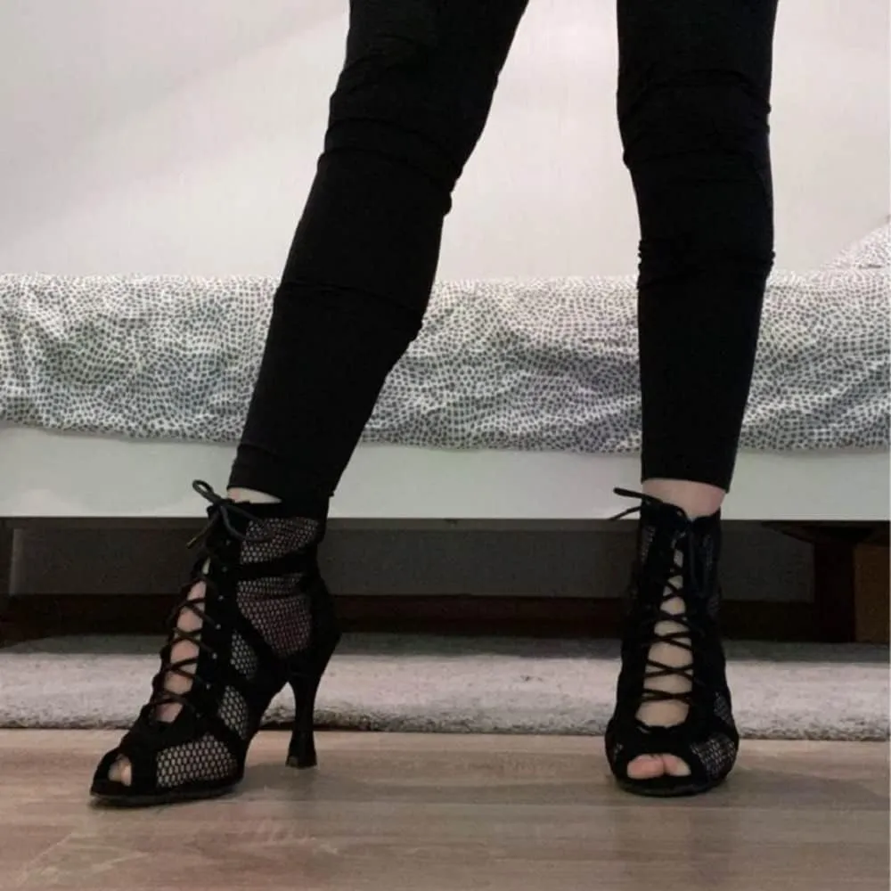 Dressfirst Womens Open Toe Hollow Out Latin Dance Boots Satin Salsa Tango Performance Practice Ballroom Lace-up Ankle Dance Shoes for Jazz Ballet