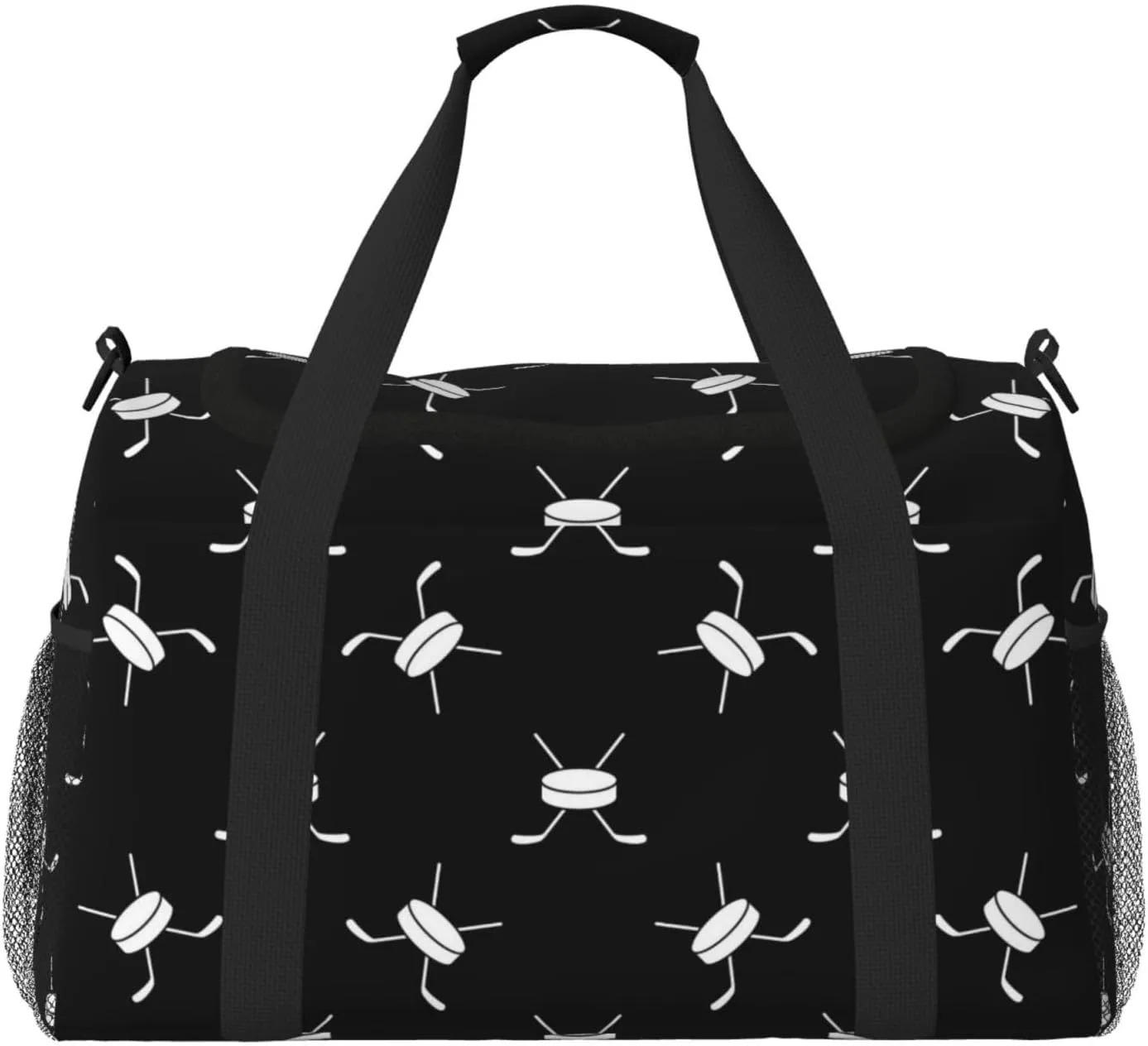 Duffle Bag for Travel, cool hockey Stick puck black white Weekender Overnight Duffel Bag, Carry On Bag Gym Bag for Women Men, Personal Item Travel Bag