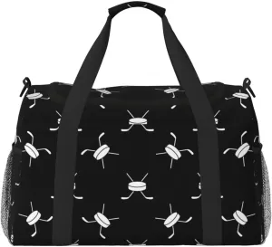 Duffle Bag for Travel, cool hockey Stick puck black white Weekender Overnight Duffel Bag, Carry On Bag Gym Bag for Women Men, Personal Item Travel Bag