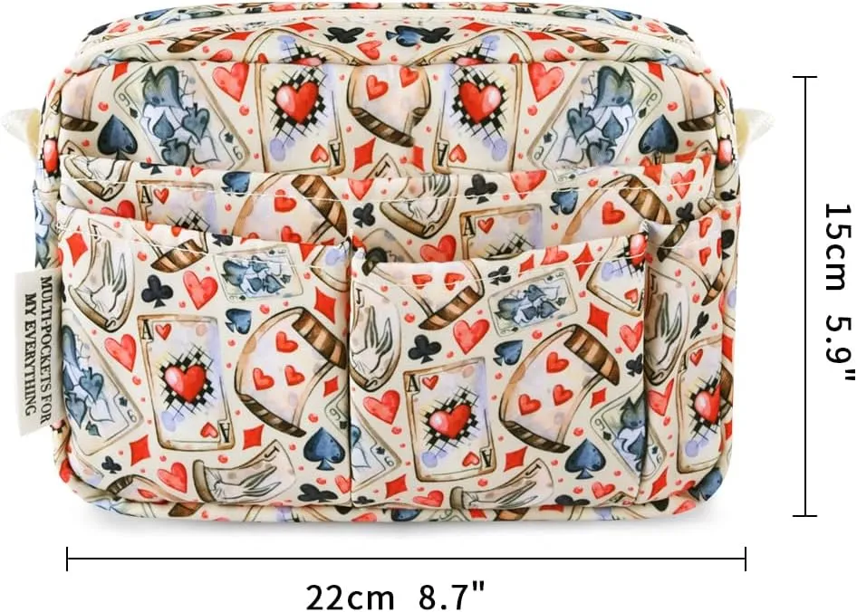 E-WEICHEN Multiple Pockets Portfolio Organizer with Zippered, Makeup Bag Travel Essentials for Women, Simple Waterproof Stationery Pencil Pouch Bag for Journal Office Art Supplies.Beige Poker