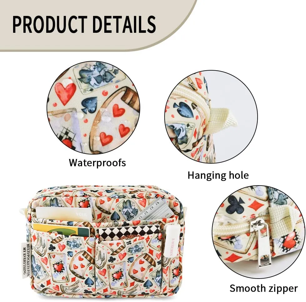 E-WEICHEN Multiple Pockets Portfolio Organizer with Zippered, Makeup Bag Travel Essentials for Women, Simple Waterproof Stationery Pencil Pouch Bag for Journal Office Art Supplies.Beige Poker
