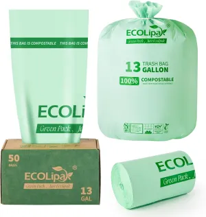 ECOLipak 13 Gallon Compostable Trash Bags, 50 Count (1 Roll) Biodegradable Heavy Duty Bathroom Kitchen Trash Garbage Bags for Home/Office, US BPI ASTM D6400 and OK Compost Home Certified
