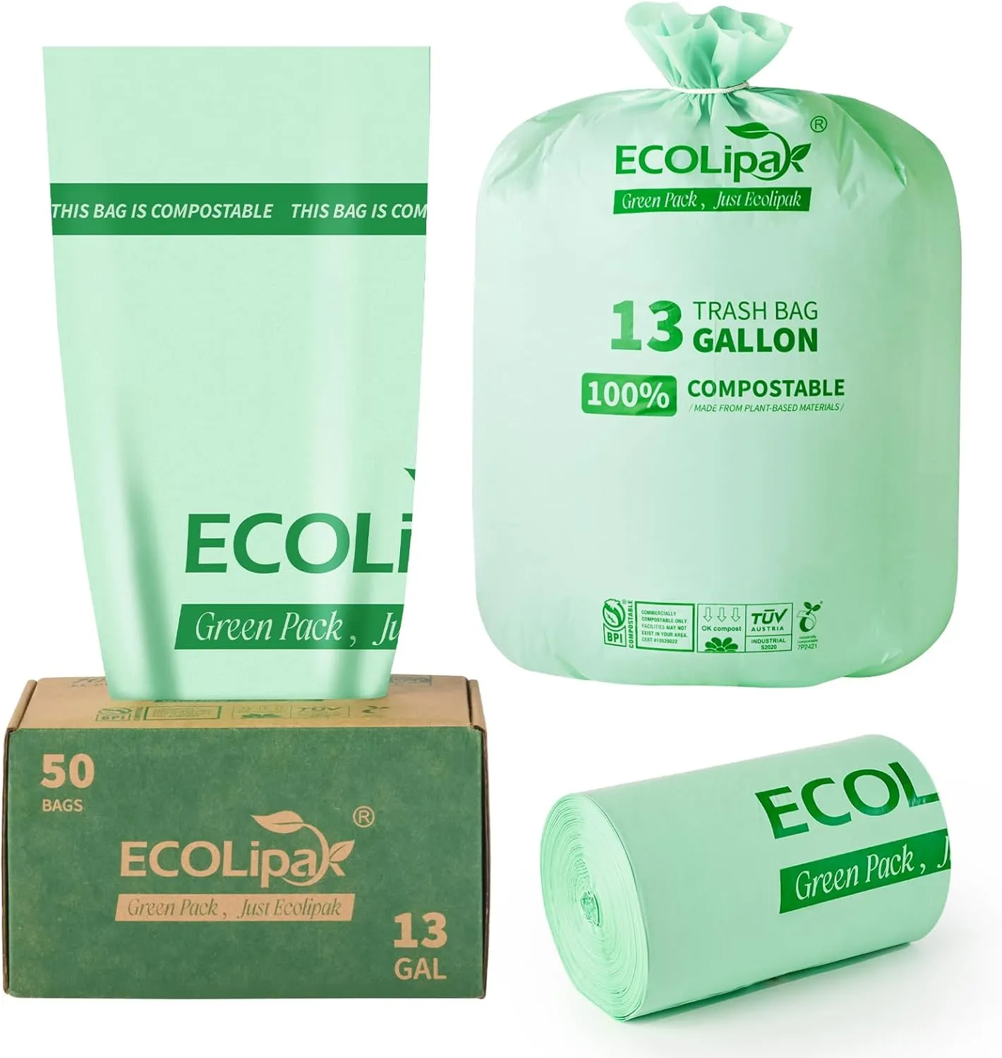 ECOLipak 13 Gallon Compostable Trash Bags, 50 Count (1 Roll) Biodegradable Heavy Duty Bathroom Kitchen Trash Garbage Bags for Home/Office, US BPI ASTM D6400 and OK Compost Home Certified
