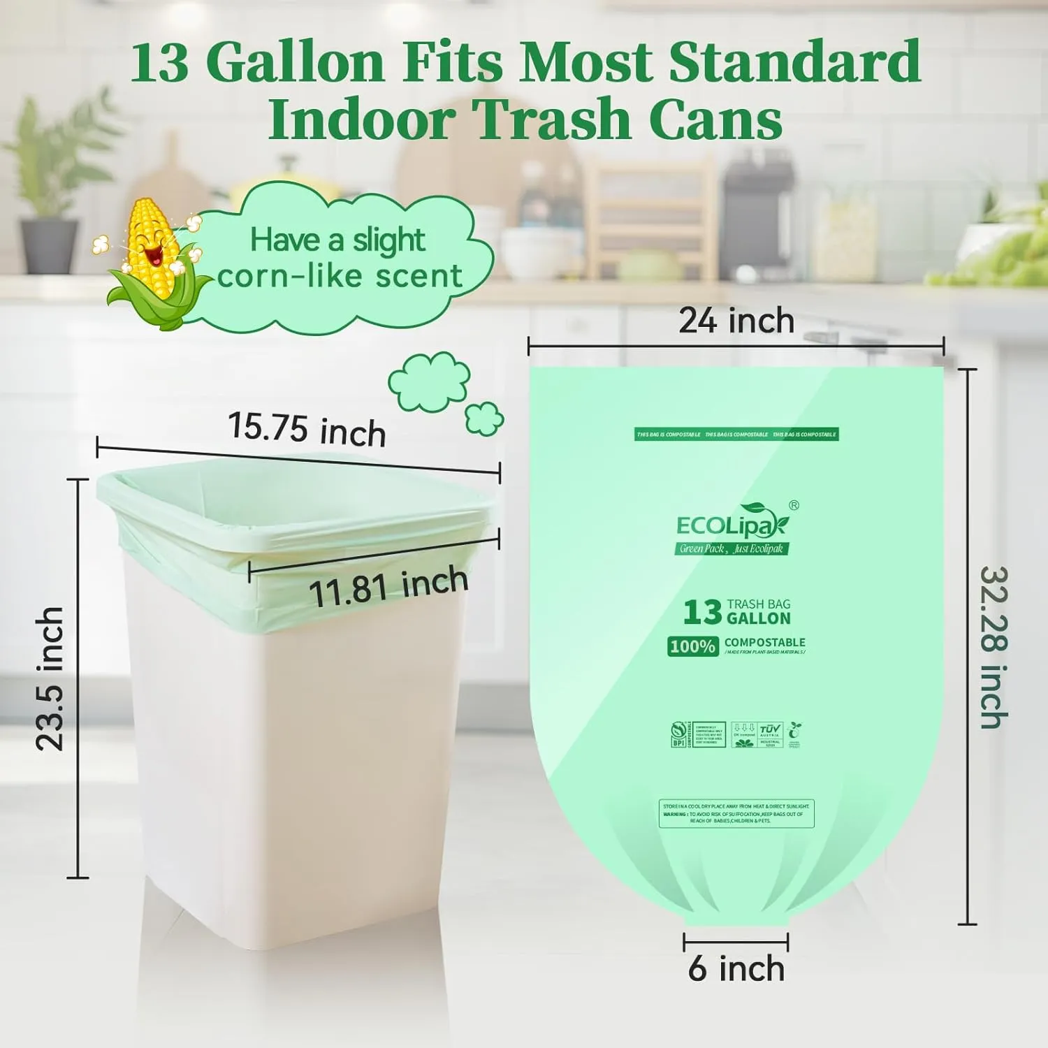 ECOLipak 13 Gallon Compostable Trash Bags, 50 Count (1 Roll) Biodegradable Heavy Duty Bathroom Kitchen Trash Garbage Bags for Home/Office, US BPI ASTM D6400 and OK Compost Home Certified