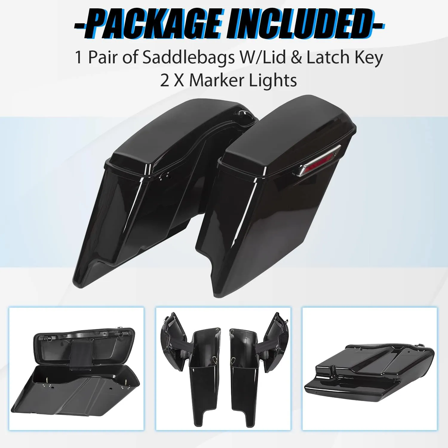 ECOTRIC 5'' Hard Saddle Bags Trunk Extended Compatible with 1993-2013 Harley Davidson Road King Glide Softail All Touring Models (Stretched Vivid Black W/Lid & Latch Key)