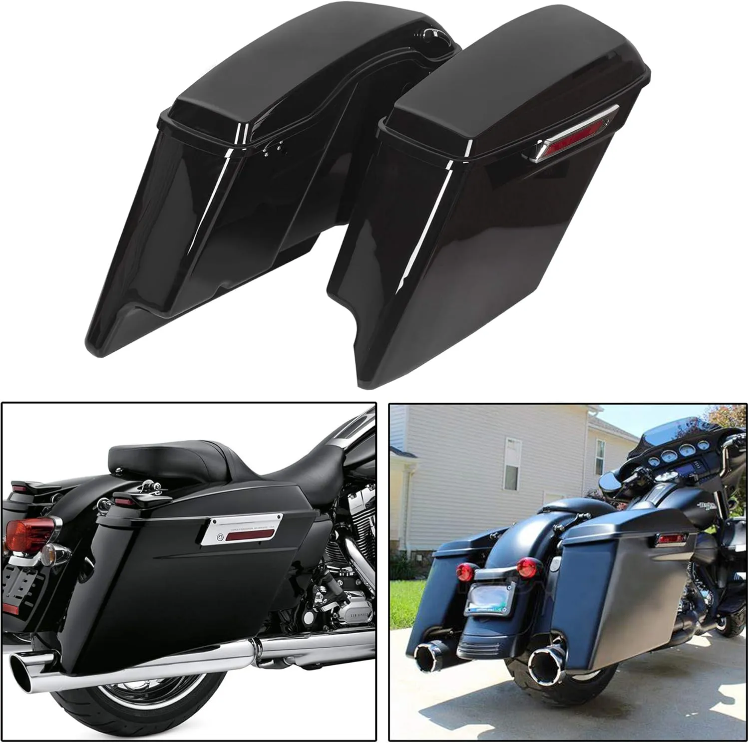 ECOTRIC 5'' Hard Saddle Bags Trunk Extended Compatible with 1993-2013 Harley Davidson Road King Glide Softail All Touring Models (Stretched Vivid Black W/Lid & Latch Key)