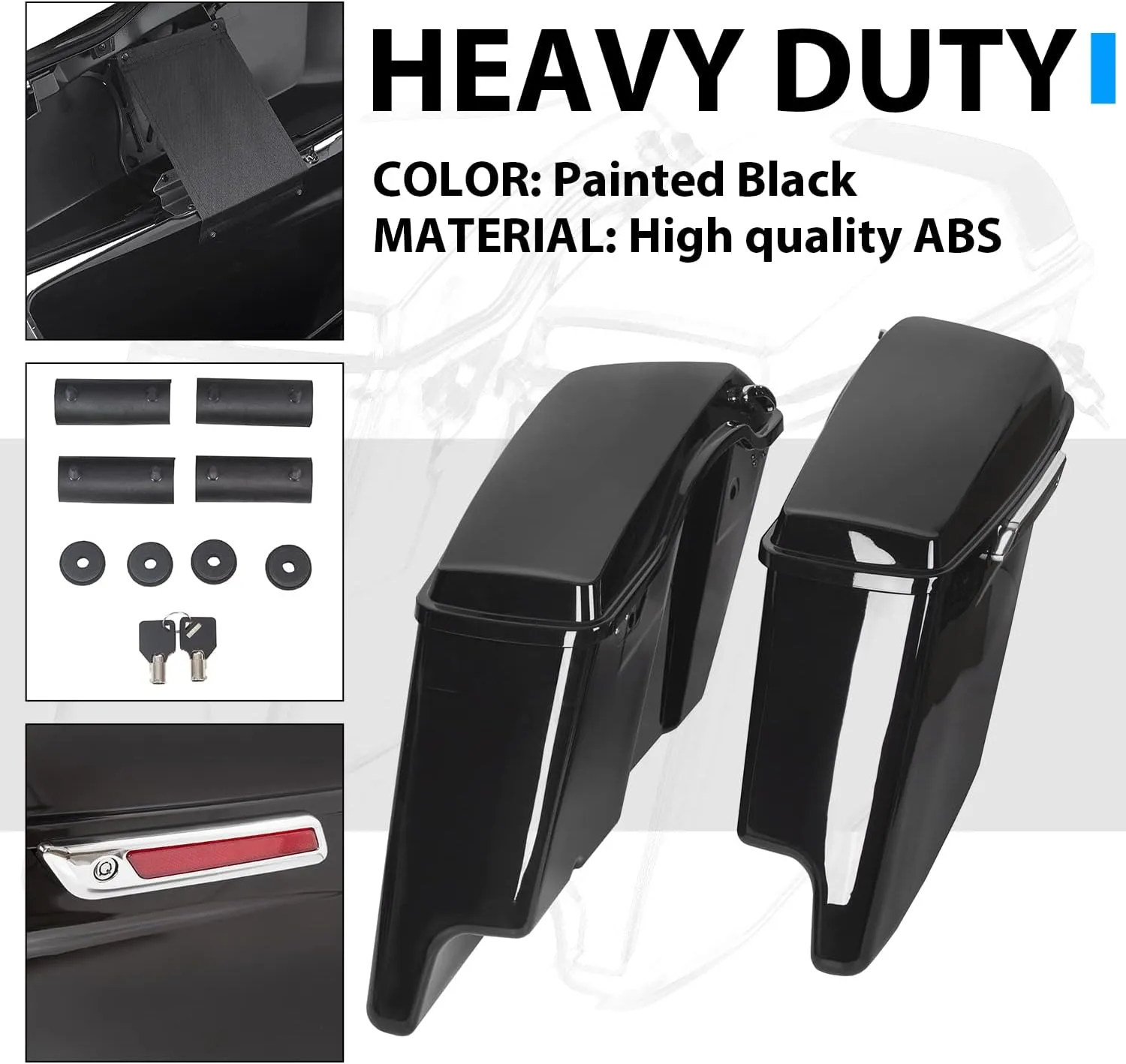 ECOTRIC 5'' Hard Saddle Bags Trunk Extended Compatible with 1993-2013 Harley Davidson Road King Glide Softail All Touring Models (Stretched Vivid Black W/Lid & Latch Key)