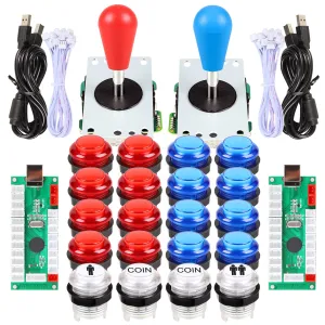 EG STARTS 2 Player Arcade Games DIY Kit Parts 2 Ellipse Oval Joystick Handles   20 LED lit Arcade Buttons (Red & Blue Kit)
