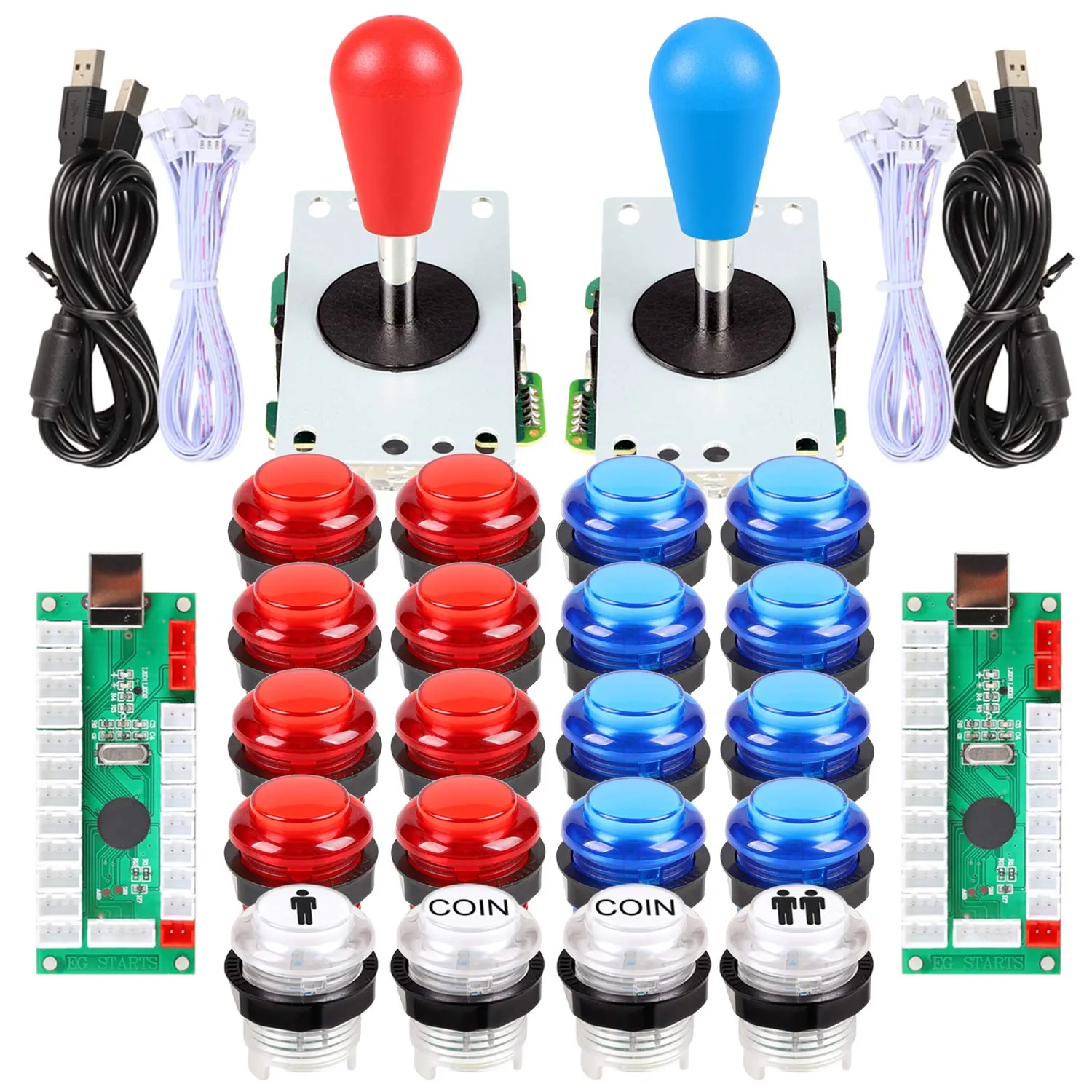 EG STARTS 2 Player Arcade Games DIY Kit Parts 2 Ellipse Oval Joystick Handles   20 LED lit Arcade Buttons (Red & Blue Kit)