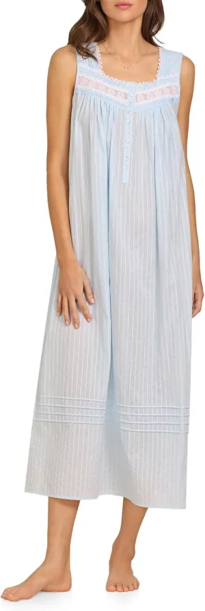 Eileen West Cotton Dobby Stripe Woven Sleeveless Ballet Nightgown Blue XL