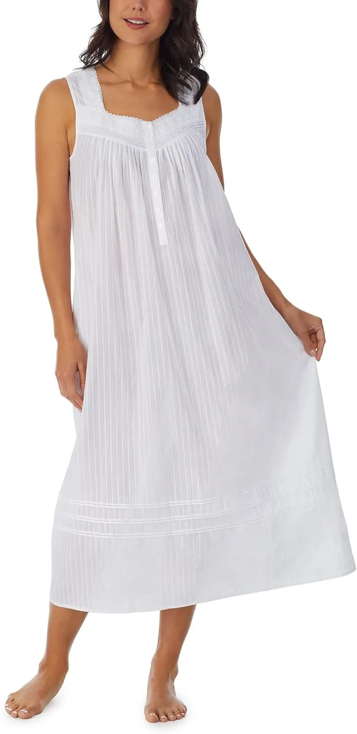 Eileen West Nightgowns for Women - Lightweight Sleeveless 100% Cotton Dobby Full Length Lounge Dress